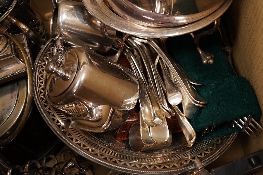 A collection of electroplate including a meat dome- 31cm wide, a kettle on stand, a pair of candle sticks etc